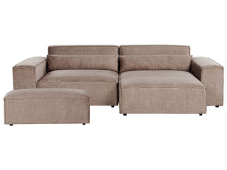 The Beliani Left Hand 2-Seater Modular Corner Sofa with Ottoman features brown fabric, black legs, and a modern design—perfect for stylish living rooms.