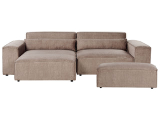 The Beliani Right Hand 2-Seater Modular Corner Sofa with Ottoman features plush brown fabric, wide armrests, and black legs—a stylish sectional perfect for any modern living room.