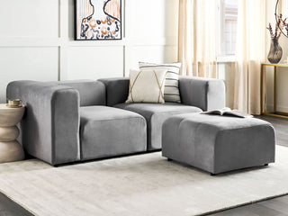 2 Seater Modular Sofa with Ottoman | Grey Velvet | Modern Design | Sectional Couch with Black Legs - Sofa In Store