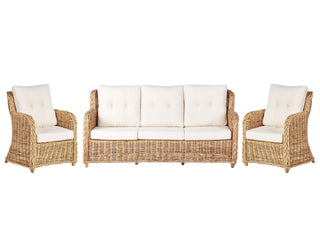 Garden Conversation Set Natural with White Cushions Rattan Outdoor 3 Seater Sofa 2 Armchairs Beliani - Sofa In Store