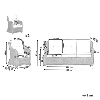 Garden Conversation Set Natural with White Cushions Rattan Outdoor 3 Seater Sofa 2 Armchairs Beliani - Sofa In Store