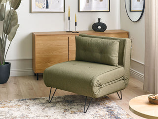 Small Sofa Bed Olive Green Fabric 1 Seater Fold-Out Sleeper Armless With Cushion Metal Black Legs Glamour Beliani