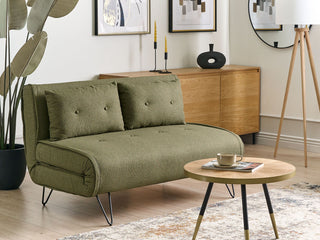 Sofa Bed Olive Green Polyester Fabric 2 Seater Fold-Out Sleeper Armless With 2 Cushions Metal Black Legs Glamour Beliani - Sofa In Store