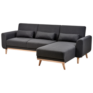 Corner Sofa Bed Black Upholstery Polyester Fabric Light Wooden Legs Pillows Modern Design Beliani - 559477 - Sofa In Store