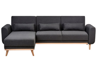 Corner Sofa Bed Black Upholstery Polyester Fabric Light Wooden Legs Pillows Modern Design Beliani - 559515 - Sofa In Store