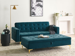 Sofa Bed Teal Velvet Tufted Fabric with Storage Ottoman Modern Living Room Modular 3 Seater Gold Legs Track Arm Beliani