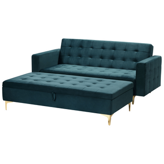 Sofa Bed Teal Velvet Tufted Fabric with Storage Ottoman Modern Living Room Modular 3 Seater Gold Legs Track Arm Beliani