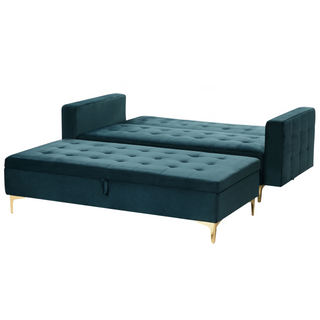 Sofa Bed Teal Velvet Tufted Fabric with Storage Ottoman Modern Living Room Modular 3 Seater Gold Legs Track Arm Beliani