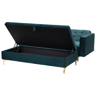 Sofa Bed Teal Velvet Tufted Fabric with Storage Ottoman Modern Living Room Modular 3 Seater Gold Legs Track Arm Beliani