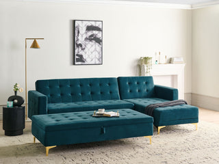Corner Sofa Bed Teal Velvet Tufted Fabric Modern L-Shaped Modular 4 Seater with Storage Ottoman Left Hand Chaise Longue Beliani