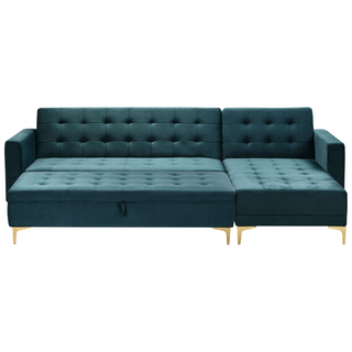 Corner Sofa Bed Teal Velvet Tufted Fabric Modern L-Shaped Modular 4 Seater with Storage Ottoman Left Hand Chaise Longue Beliani