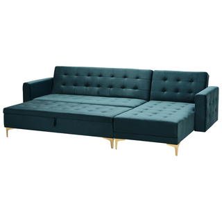 Corner Sofa Bed Teal Velvet Tufted Fabric Modern L-Shaped Modular 4 Seater with Storage Ottoman Left Hand Chaise Longue Beliani