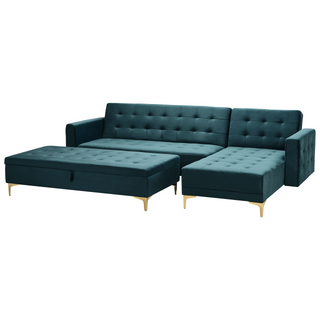 Corner Sofa Bed Teal Velvet Tufted Fabric Modern L-Shaped Modular 4 Seater with Storage Ottoman Left Hand Chaise Longue Beliani