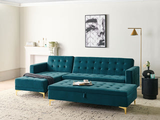 Corner Sofa Bed Teal Velvet Tufted Fabric Modern L-Shaped Modular 4 Seater with Storage Ottoman Right Hand Chaise Longue Beliani