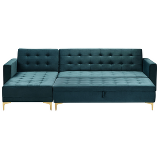 Corner Sofa Bed Teal Velvet Tufted Fabric Modern L-Shaped Modular 4 Seater with Storage Ottoman Right Hand Chaise Longue Beliani