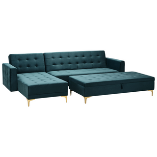Corner Sofa Bed Teal Velvet Tufted Fabric Modern L-Shaped Modular 4 Seater with Storage Ottoman Right Hand Chaise Longue Beliani