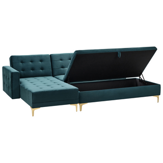 Corner Sofa Bed Teal Velvet Tufted Fabric Modern L-Shaped Modular 4 Seater with Storage Ottoman Right Hand Chaise Longue Beliani