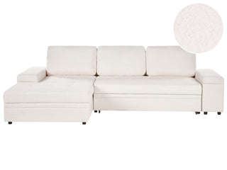 Corner Sofa Bed White Boucle Upholstered Right Hand Orientation with Storage Bed Beliani - Sofa In Store