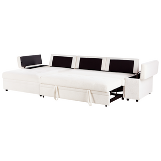 Corner Sofa Bed White Boucle Upholstered Right Hand Orientation with Storage Bed Beliani - Sofa In Store