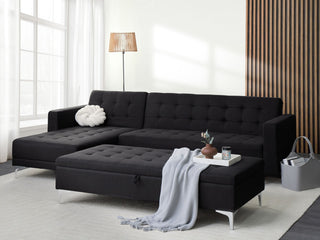 Corner Sofa Bed Graphite Grey Upholstered Tufted Fabric Modern L-Shaped Modular 4 Seater with Storage Ottoman Right Hand Chaise Longue Beliani - Sofa In Store