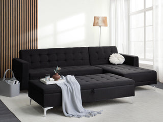 Corner Sofa Bed Graphite Grey Upholstered Tufted Fabric Modern L-Shaped Modular 4 Seater with Storage Ottoman Left Hand Chaise Longue Beliani - Sofa In Store