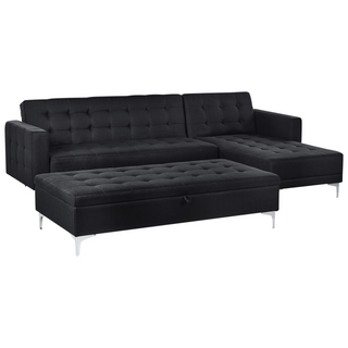 Corner Sofa Bed Graphite Grey Upholstered Tufted Fabric Modern L-Shaped Modular 4 Seater with Storage Ottoman Left Hand Chaise Longue Beliani - Sofa In Store