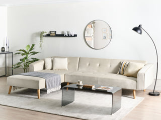 Corner Sofa Bed with 3 Pillows Beige Velvet Upholstery Light Wood Legs Reclining Right Hand Chaise Longue 4 Seater Beliani