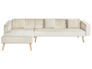 Corner Sofa Bed with 3 Pillows Beige Velvet Upholstery Light Wood Legs Reclining Right Hand Chaise Longue 4 Seater Beliani