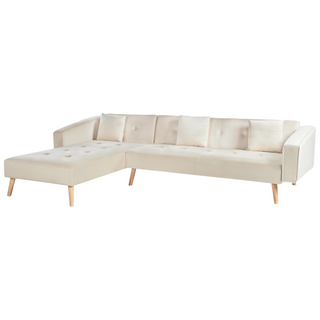 Corner Sofa Bed with 3 Pillows Beige Velvet Upholstery Light Wood Legs Reclining Right Hand Chaise Longue 4 Seater Beliani