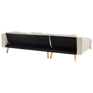 Corner Sofa Bed with 3 Pillows Beige Velvet Upholstery Light Wood Legs Reclining Right Hand Chaise Longue 4 Seater Beliani
