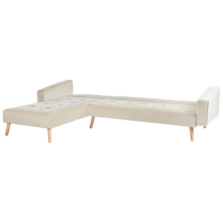 Corner Sofa Bed with 3 Pillows Beige Velvet Upholstery Light Wood Legs Reclining Right Hand Chaise Longue 4 Seater Beliani