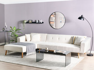Corner Sofa Bed with 3 Pillows White Boucle Upholstery Light Wood Legs Reclining Right Hand Chaise Longue 4 Seater Beliani