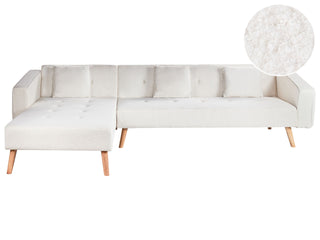 Corner Sofa Bed with 3 Pillows White Boucle Upholstery Light Wood Legs Reclining Right Hand Chaise Longue 4 Seater Beliani