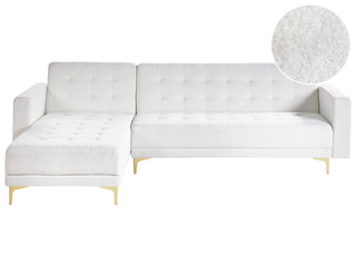 Corner Sofa Bed White Tufted Fabric Boucle Gold Legs Modern L-Shaped Modular 4 Seater Right Hand Chaise Longue Beliani