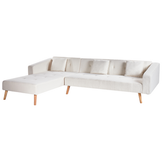 Corner Sofa Bed with 3 Pillows White Boucle Upholstery Light Wood Legs Reclining Right Hand Chaise Longue 4 Seater Beliani