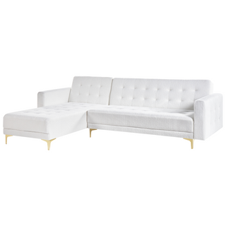 Corner Sofa Bed White Tufted Fabric Boucle Gold Legs Modern L-Shaped Modular 4 Seater Right Hand Chaise Longue Beliani