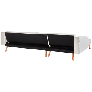 Corner Sofa Bed with 3 Pillows White Boucle Upholstery Light Wood Legs Reclining Right Hand Chaise Longue 4 Seater Beliani