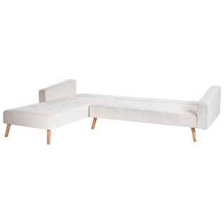 Corner Sofa Bed with 3 Pillows White Boucle Upholstery Light Wood Legs Reclining Right Hand Chaise Longue 4 Seater Beliani