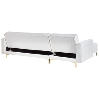 Corner Sofa Bed White Tufted Fabric Boucle Gold Legs Modern L-Shaped Modular 4 Seater Right Hand Chaise Longue Beliani