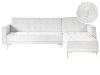 Corner Sofa Bed White Tufted Fabric Boucle Gold Legs Modern L-Shaped Modular 4 Seater Left Hand Chaise Longue Beliani