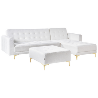 Corner Sofa Bed White Tufted Boucle Fabric Gold Legs Modern L-Shaped Modular 4 Seater with Ottoman Left Hand Chaise Longue Beliani - Sofa In Store