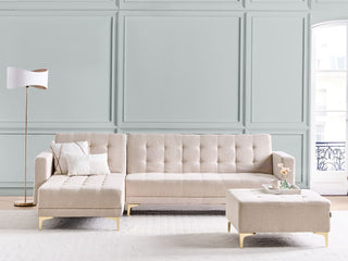 Corner Sofa Bed | Tufted Fabric | Beige | L-Shaped Modular with Ottoman | Modern Design - Sofa In Store