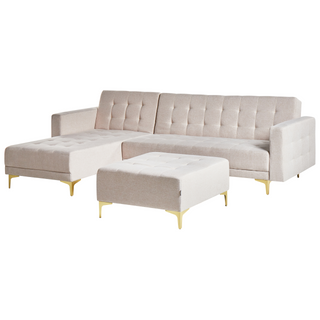 Corner Sofa Bed | Tufted Fabric | Beige | L-Shaped Modular with Ottoman | Modern Design - Sofa In Store