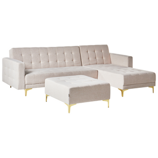 Corner Sofa Bed | Tufted Fabric | Beige | L-Shaped Modular with Ottoman | Modern Design - Sofa In Store