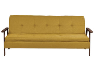 Sofa Bed Yellow Fabric wirh Dark Wood Armrests Upholstered 3 Seater Click Clack Bed Wooden Frame Beliani - Sofa In Store