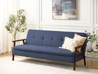 Sofa Bed Blue Fabric wirh Dark Wood Armrests Upholstered 3 Seater Click Clack Bed Wooden Frame Beliani - Sofa In Store