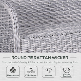 Close-up of Outsunny’s Garden PE Rattan Dining Sofa Set in mixed grey, showing detailed hand-woven design. Ideal for outdoor use—features UV resistance, weather durability, and high-backed cushioned chairs with tempered glass coffee table.