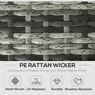 Close-up of the grey Outsunny 6 Pieces Rattan Garden Furniture Sets hand-woven PE rattan wicker, featuring UV-resistant, durable, and weather-resistant qualities. Icons highlight each feature. Brand: Outsunny.