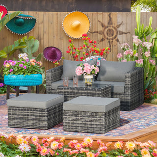 Outsunny Five Piece Rattan Armchair, Stool and Table Set - Mixed Grey - Sofa In Store