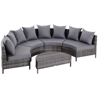 Outsunny 5 Pieces Rattan Garden Furniture Set, 4 Seater Half-Round Garden Sofa Set with Thickened Cushions, Wicker Conservatory Furniture with 4 Chairs, Rattan Coffee Table and Pillows, Grey - Sofa In Store